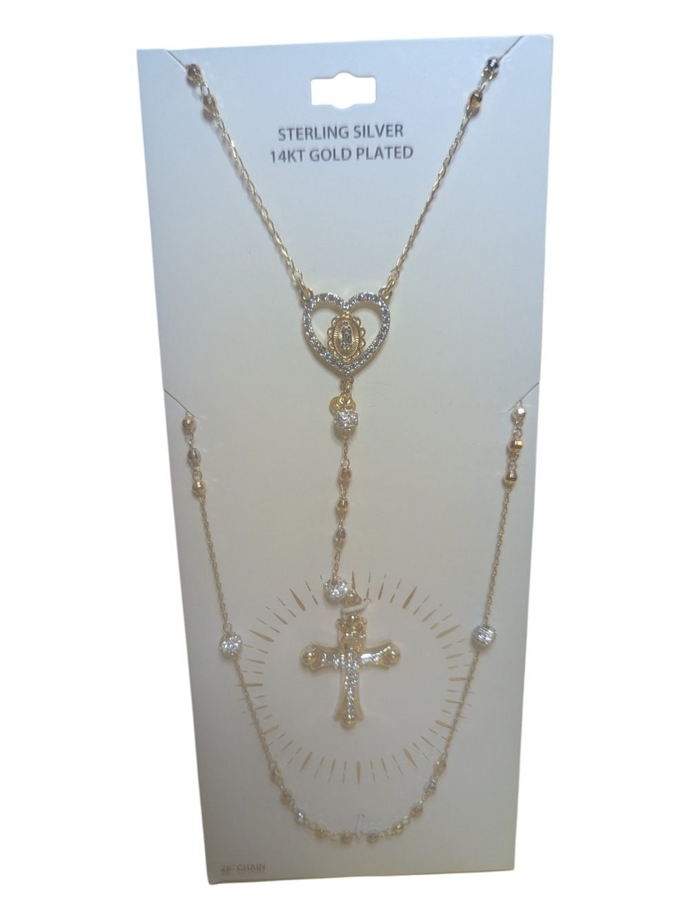 14KT Gold Plated Sterling Silver Heart and Cross Rosary Necklace Rhinestones